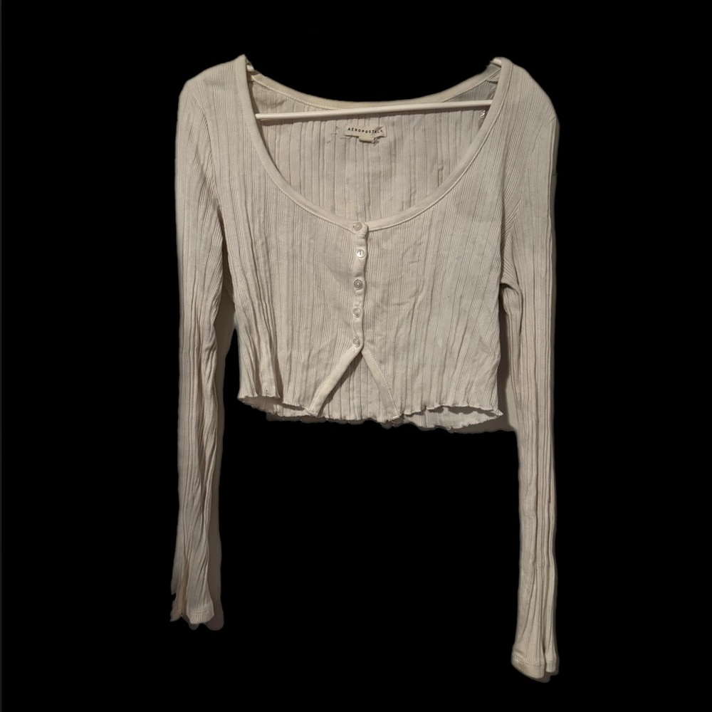 Cream Ribbed Long Sleeve Blouse